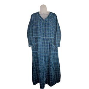 VTG Only Necessities Blue Plaid Flannel Nightgown Pockets Size 14-16 Grannycore